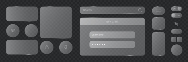 液体玻璃按钮界面，带光效的边框横幅集，适用于移动端和网页应用的玻璃面板，未来风格的科技面板边框。带发光效果的HUD元素界面，矢量插画。图片下载