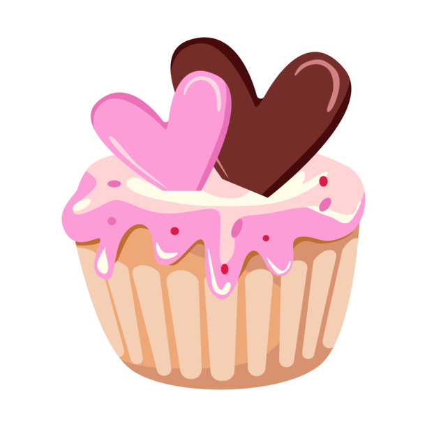 带有心形装饰的甜美杯子蛋糕，浪漫的甜点。适用于咖啡馆和餐厅情人节节日菜单的矢量插画图片下载