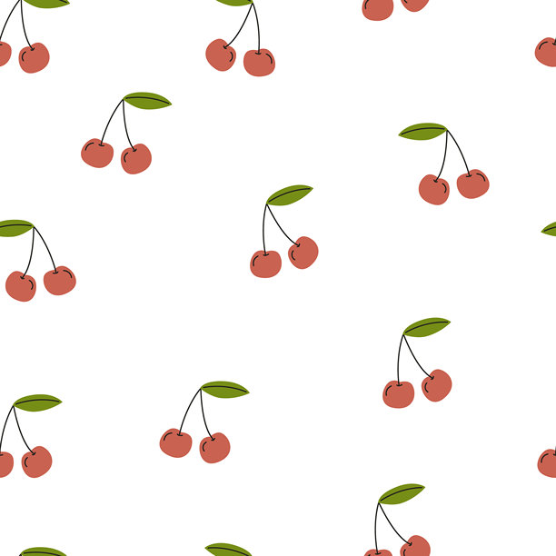 白色背景上小樱桃无缝花纹。带有叶子的简单水果插画。用于设计和印刷的极简食物与自然花纹概念。适用于纺织品、壁纸、织物、包装纸、背景设计。图片下载