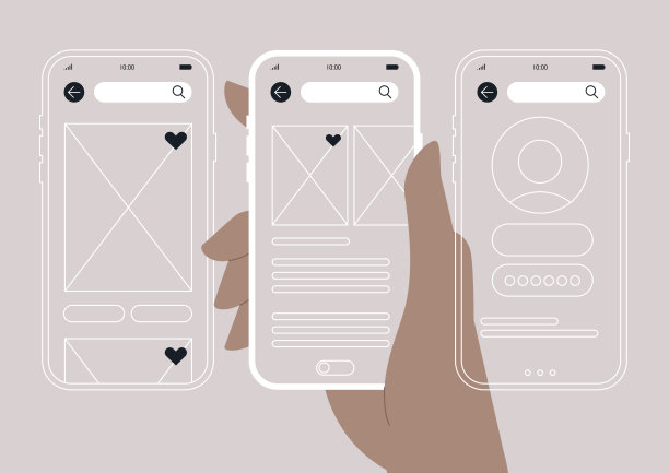 一只手拿着三个未完成的网站线框图，展示了不同的移动屏幕布局，模板突出了搜索、个人资料详情和内容显示区域。图片下载