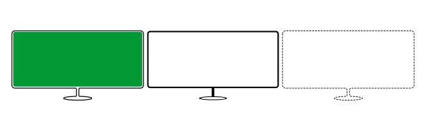 电视和电脑显示器轮廓图标集，包含实线和虚线描边，宽屏显示设备线条图，适用于UI和技术设计，孤立在白色矢量背景上图片下载