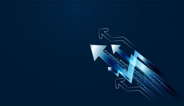 指向后方的箭头，用于金融和商业概念。未来感的箭头轨迹突显了营销效率，指向关键目标。矢量插画图片下载