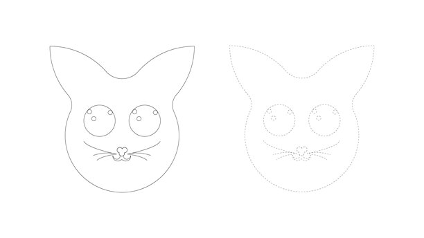 可爱的猫脸轮廓图标集，包含实线和虚线描边，简洁的动物头部线描艺术，宠物角色插画，孤立在白色背景矢量图上图片下载