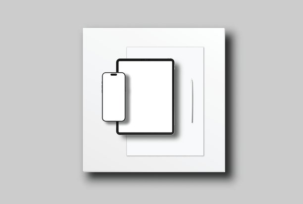 浅灰色背景上展示的简约设备模型，包括平板电脑、智能手机、纸张和触控笔。干净的俯视布局，带有空白屏幕和复制空间，非常适合品牌推广或打印模板。图片下载