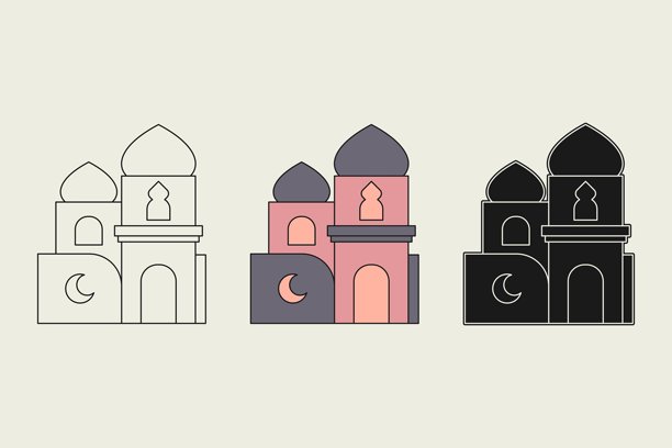 三种不同风格的清真寺插画。独特简约的清真寺设计，结合了深灰色和柔和的粉色，矢量插画。图片下载