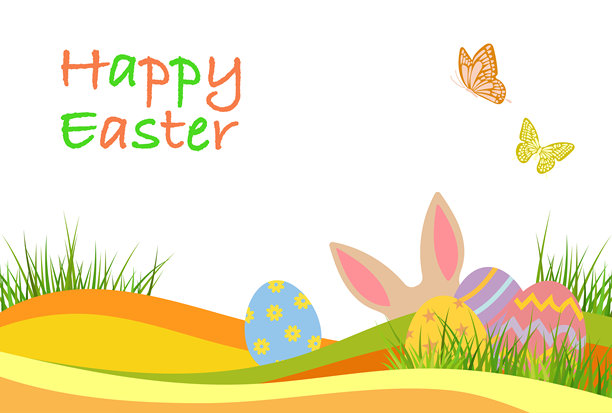 可爱的兔子耳朵和彩色复活节彩蛋的快乐复活节背景，春季插画图片下载