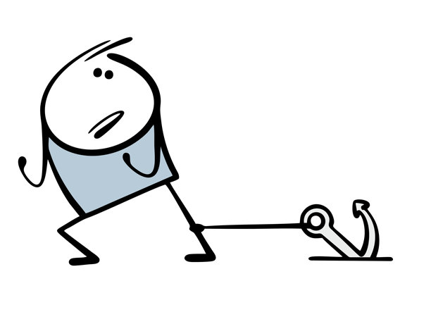 卡通倒霉男人被链条或绳子绑在地上的锚上。描绘心理问题、需要帮助才能摆脱困境的矢量插画。图片下载