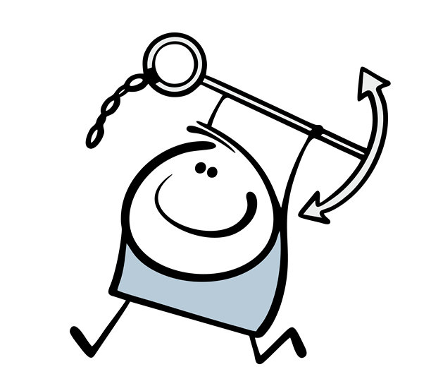 快乐火柴人越狱成功，获得自由。矢量卡通插画，描绘一个奔跑的自由人，他扛着锚，挣断了锁链。他看起来像一个满意的运动员、装卸工或快递服务员。图片下载