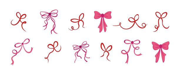 可爱蝴蝶结矢量插画集，包含手绘的红色和粉色丝带蝴蝶结，以及用于图案、情人节、包装、贴纸、卡片和浪漫设计的涂鸦和扁平化装饰元素图片下载