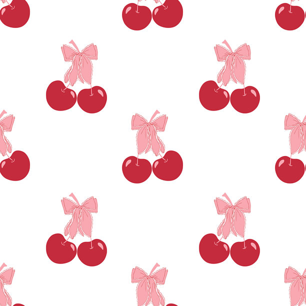 带有樱桃和复古蝴蝶结的无缝图案。俏皮的节日背景，采用红粉色调。用于面料、包装、包装纸的手绘矢量插画图片下载