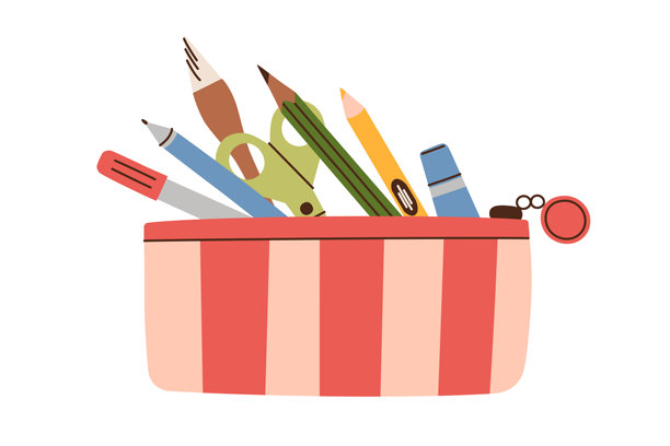 铅笔盒矢量插画，包含学校用品和趣味创意主题。扁平卡通风格的文具，适用于教育、学习、儿童设计、教室用品、返校季。图片下载