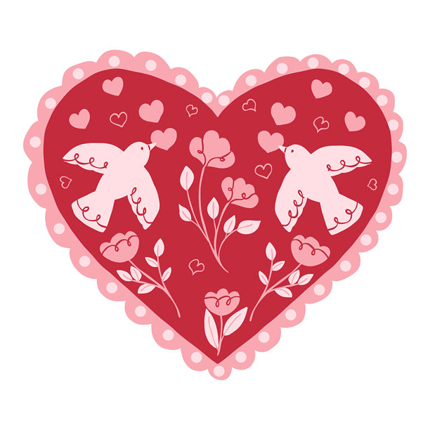 情人节手工卡片。涂鸦蕾丝风格的心形边框，装饰有浪漫的鸟、心形和花朵。矢量手绘复古插画，适用于明信片、邀请函、广告、礼品图片下载