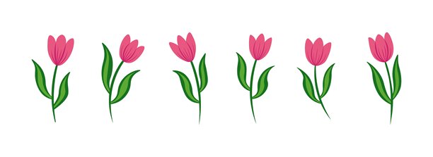 粉色郁金香矢量插画集，包含春季花卉和绿叶，可用于图案、包装、贺卡、婚礼设计、托儿所装饰和季节性项目的可爱扁平化植物元素图片下载