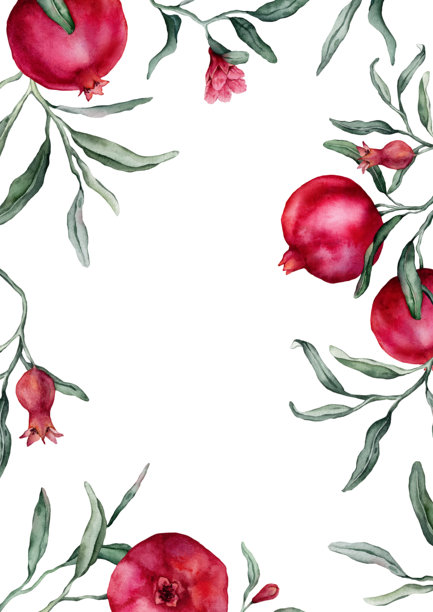 石榴和粉色花朵构成的矩形边框，手绘水彩插画风格，描绘了带有热带水果枝条的边框，背景为白色孤立。描绘热带水果枝条的绘画。图片下载