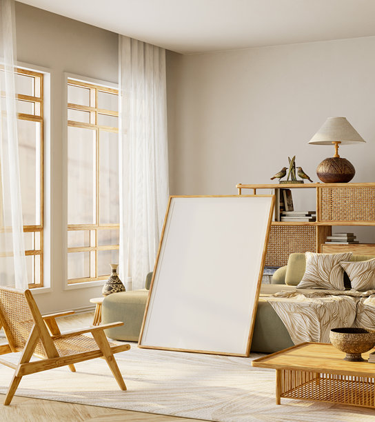 现代客厅室内，配有橄榄绿沙发和藤制家具，设计为中性美学模板背景，非常适合品牌推广或海报样机展示。3D插画。图片下载