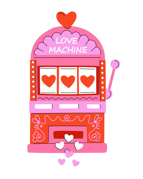 可爱俏皮的爱情老虎机插画，带有心形符号和“爱情机器”字样，色彩为粉色和红色。非常适合情人节、浪漫、爱情主题和现代设计图片下载