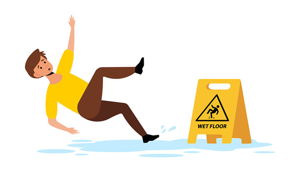 一个男人滑倒摔倒。湿滑地面警告和警示标志。图片下载