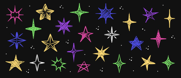 黑色背景上多彩蜡笔涂鸦星星集合。儿童风格的彩色铅笔元素。闪耀的手绘集合。矢量插画图片下载