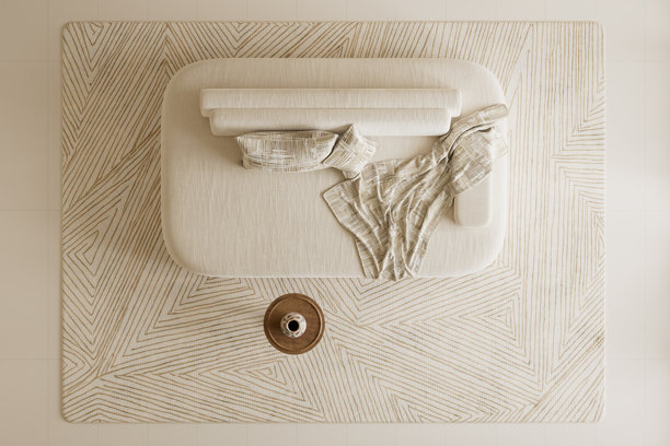 俯视视角，极简风格客厅，配有矮沙发、木质边桌和留白，采用柔和中性色调的现代室内设计，三维插画图片下载