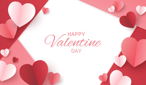 情人节相框，带有红粉色纸心，纸张背景。浪漫的爱情复制空间背景。矢量插画纸张设计风格。图片下载