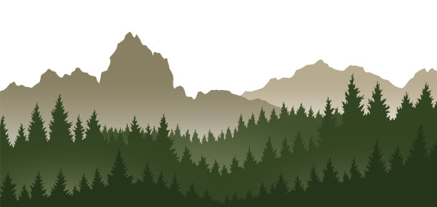 雾气弥漫的山脉风景背景。烟雾缭绕的岩石全景，带有山峦天际线和松树林的剪影。带有斜坡的景色，矢量卡通插画。图片下载