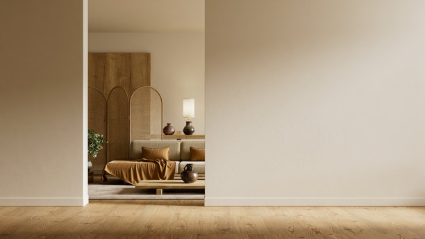 宁静的日式斯堪的纳维亚风格负空间内饰，采用温暖的有机材料、柔和的日光和现代简约特色。三维插画图片下载