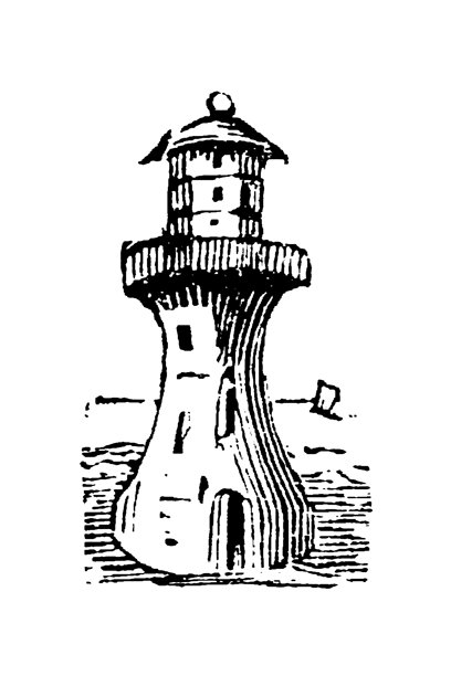 略微倾斜、曲线优美的灯塔，配有灯室，背景为简约的海洋，老式复古插画，1897年。图片下载