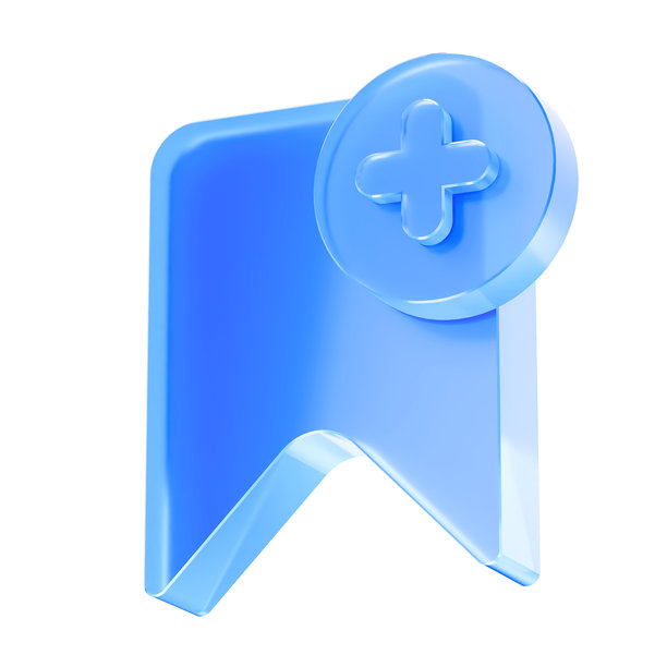 3D玻璃书签加号图标，保存收藏内容和添加标记的概念。透明液体玻璃图标，拟态玻璃图标，水晶般清澈。3D插画。图片下载