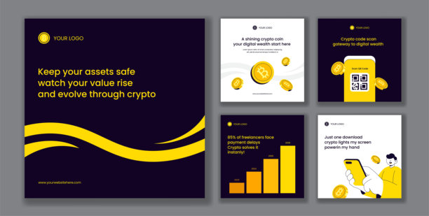 加密货币钱包交易卡通手绘风格，适用于现代社交媒体帖子插画图片下载