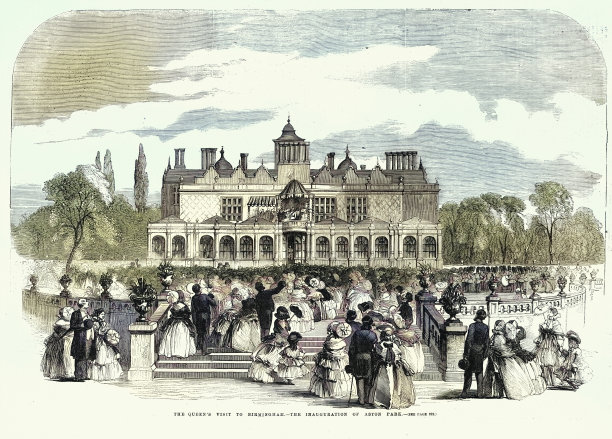 维多利亚女王参观伯明翰，阿斯顿公园落成典礼，维多利亚时代复古插画 19世纪，1850年代图片下载