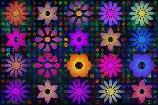 充满活力的花卉图案，深色纹理背景上的多彩风格化花朵，迷幻复古设计图片下载