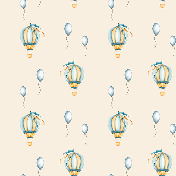 热气球和气球的无缝图案。童趣壁纸，包含气球和热气球。一幅漂浮气球的水彩插画，适用于儿童用品、儿童壁纸和包装纸。图片下载