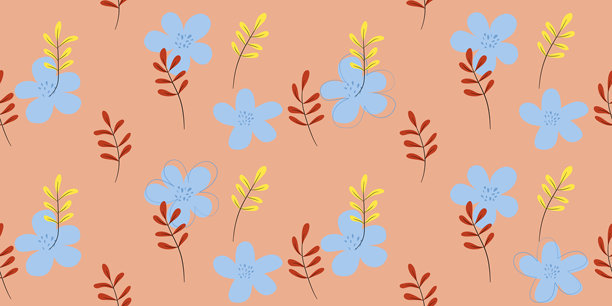 无缝浅蓝色花卉图案，黄色枝叶图片下载