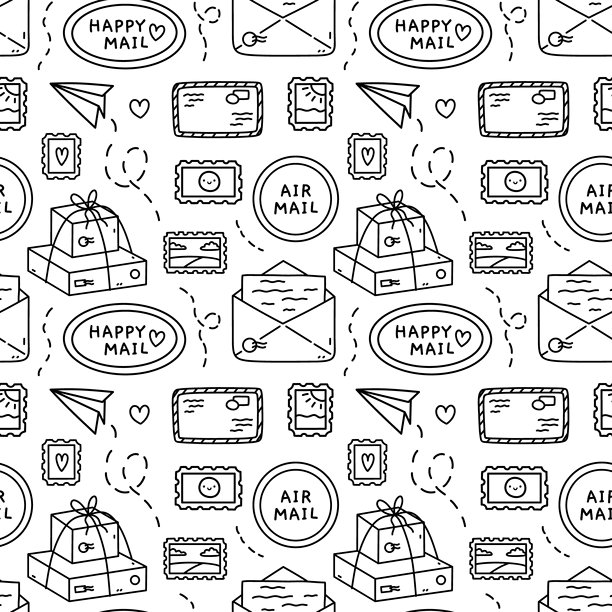 可爱的无缝图案，包含字母、信封、包裹、邮票。矢量手绘涂鸦插画。非常适合印刷、壁纸、装饰、包装纸。邮件递送设计。图片下载