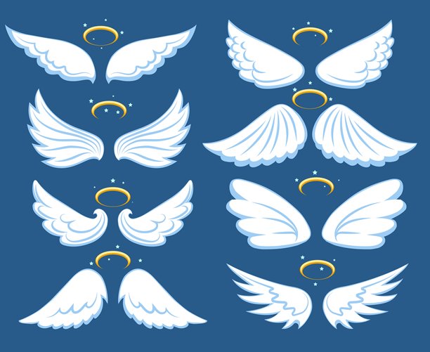卡通天使翅膀。带有金色光环和星星的翅膀集合矢量插画图片下载