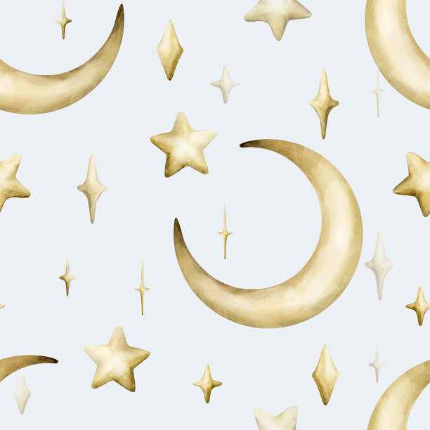 可爱的金色月亮星星闪烁无缝图案。浅蓝色背景水彩手绘插画。图片下载