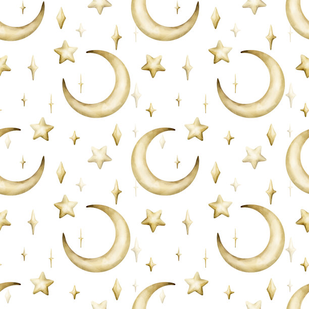 可爱的金色新月星星闪烁光芒无缝图案。水彩手绘孤立在白色的插画。图片下载