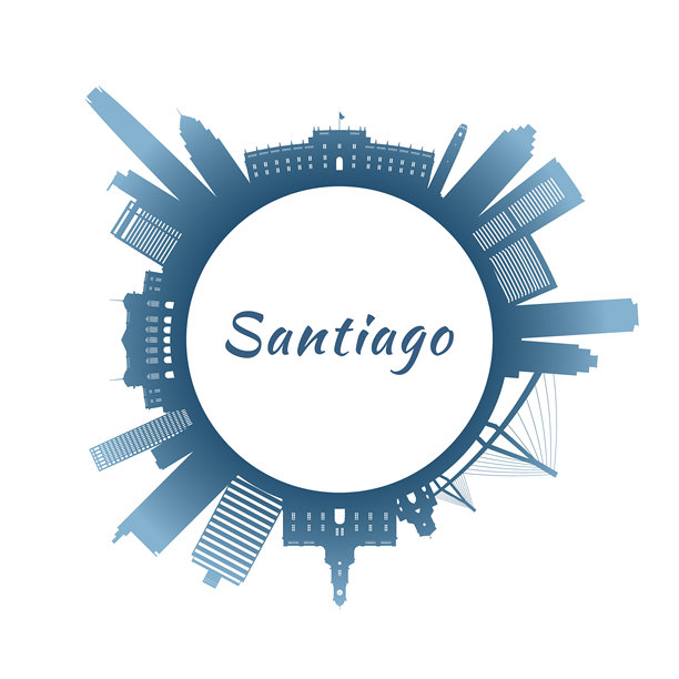 圣地亚哥天际线，色彩斑斓的建筑。圆圈风格。矢量素材插画图片下载