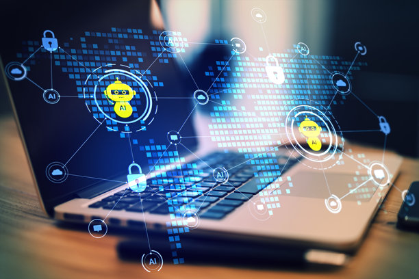 现代办公室工作区环境中，笔记本电脑屏幕上的人工智能聊天机器人图标通过数字网络接口连接。图片下载