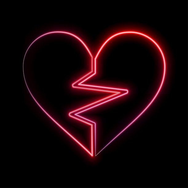 紫色霓虹心形3D渲染图，背景为透视隧道，霓虹色包括绿、红、黄、粉、蓝、橙图片下载