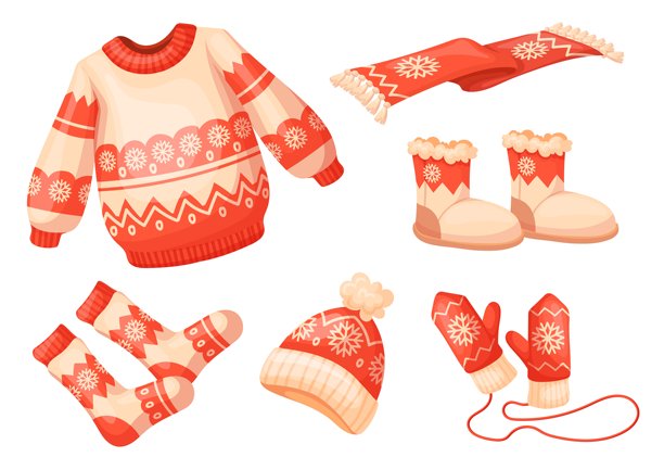 卡通圣诞服装。冬季服装套装，圣诞假日服饰，红帽子、围巾、手套、圣诞帽配饰，儿童保暖服饰，十二月套装，整洁的矢量插画图片下载