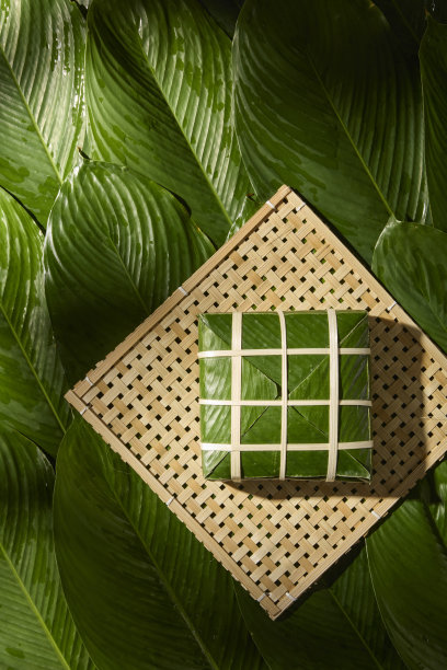 绿叶丛中的越南粽子，摆放在编织托盘上，适合用于春节广告、文化展示和食品品牌视觉宣传。图片下载