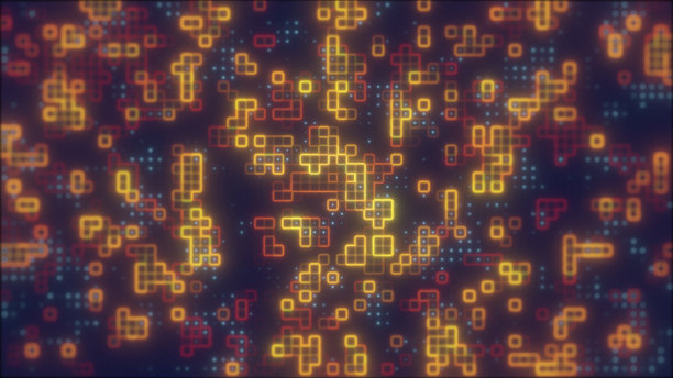 深色背景上抽象的数字马赛克，由发光的黄色和橙色像素块组成，代表数据流、技术和现代数字模式图片下载