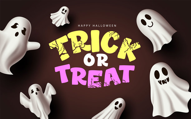 万圣节鬼怪与文字，恐怖的“不给糖就捣蛋”问候插画图片下载