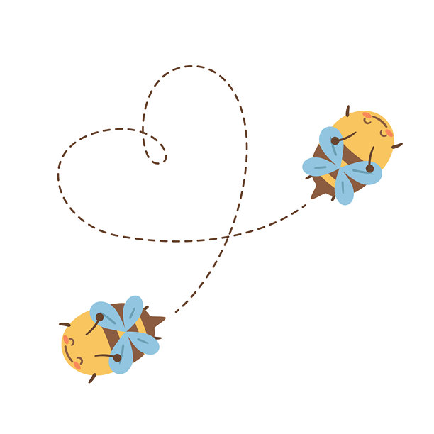 两只可爱的蜜蜂沿着心形路径飞行。浪漫有趣的插画，适用于贺卡、儿童设计、环保信息和春季项目。图片下载