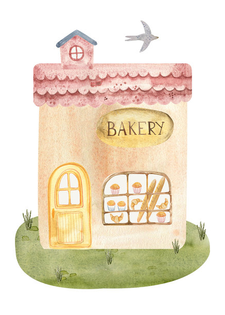 可爱的水彩烘焙屋插画，窗户里摆放着糕点，周围有柔软的草地、微小的植物和精致的装饰细节，风格奇幻而友好。图片下载