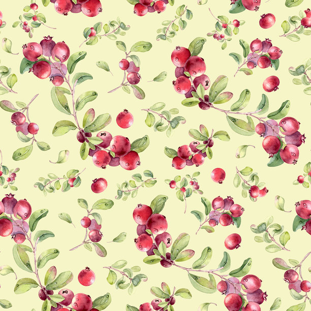 清新夏日无缝图案，色彩鲜艳的红色植物，孤立在中性背景上。水彩风格的越橘，带有露珠，手工绘制，非人工智能生成。浆果重复背景，适用于纺织品、包装、包装纸。图片下载