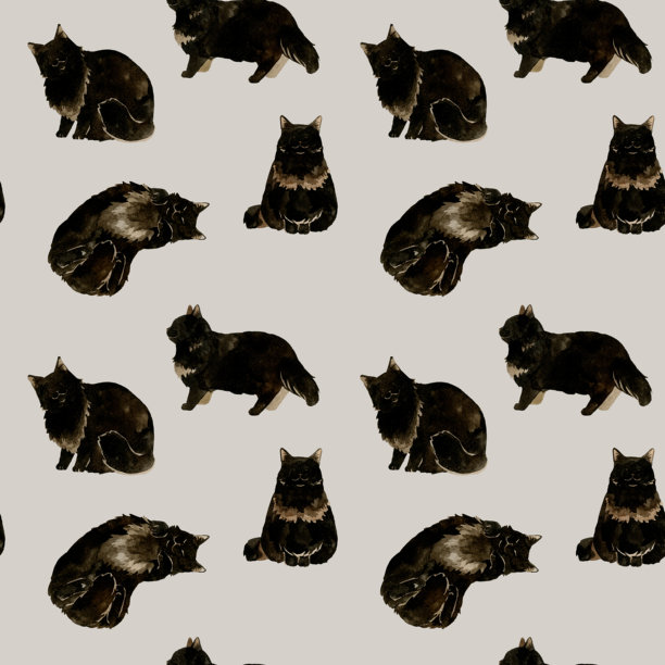 一只黑长发猫的无缝图案。手绘水彩插画，适用于动物和宠物背景素材。图片下载