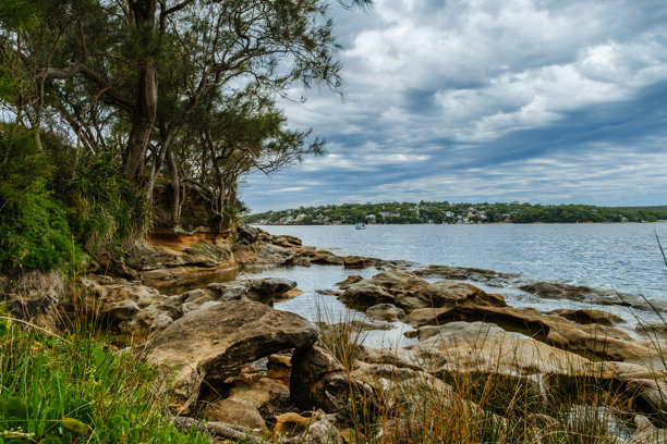 这张照片摄于 2025 年 12 月，在悬崖步道 (Cliff Top Walk) 的 Hungry Point Reserve，展示了望向 Bundeena 和 Maianbar 的海岸线景色，人们在此享受徒步和海滨生活。图片下载