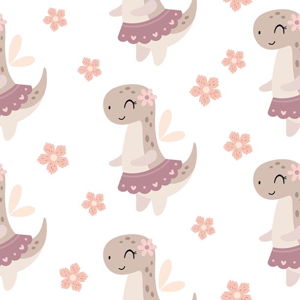 卡通恐龙女孩无缝重复图案。可爱的恐龙仙子和花朵，史前动物背景，侏罗纪角色矢量插画。图片下载